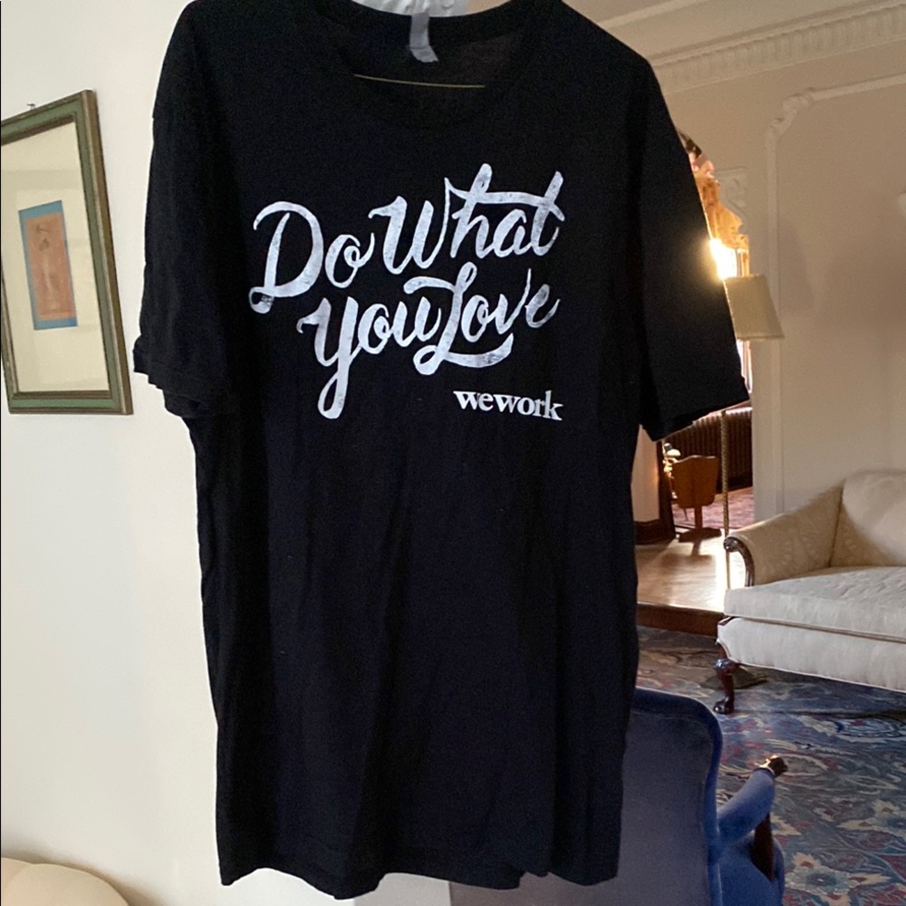 We Work Do What You Love black 100% cotton tee shirt with white writing XL